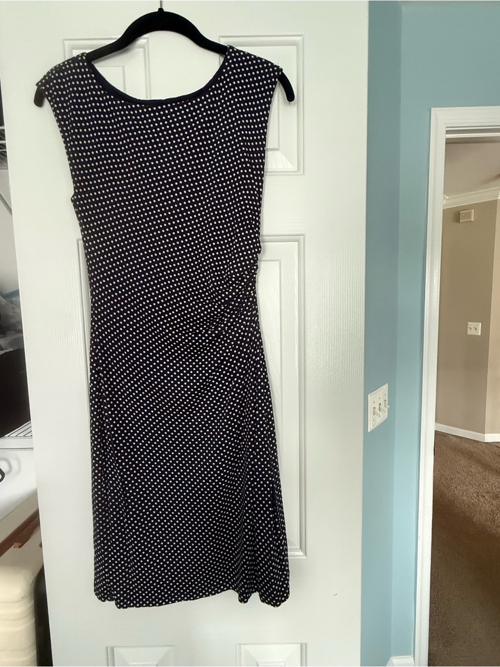LOFT Navy Polka Dot Ruched Sleeveless Dress XS